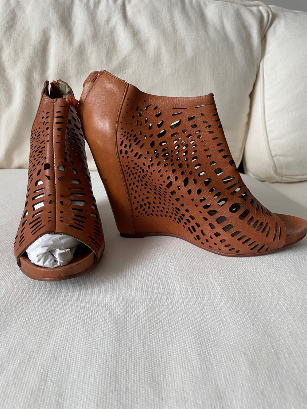 Mea Shadow Brown Laser-Cut Peep-Toe Wedge Booties